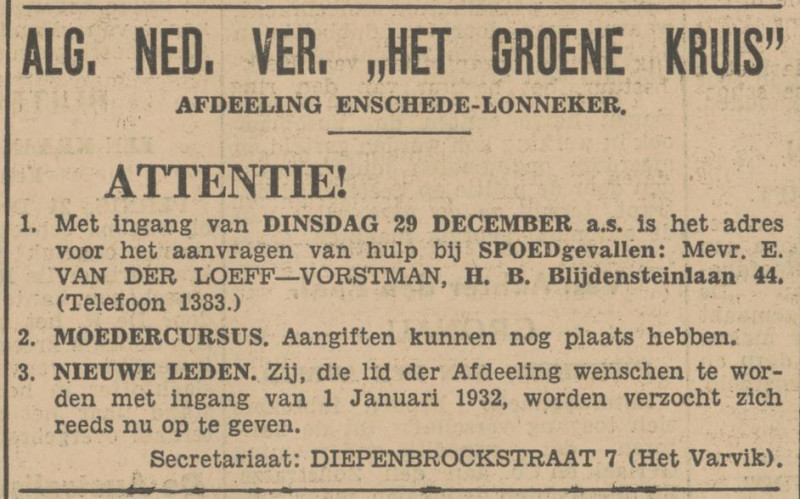 H.B. Blijdensteinlaan 44 Mevr. E. v.d. Loeff-Vorstman advertentie Tubantia 21-12-1931.jpg