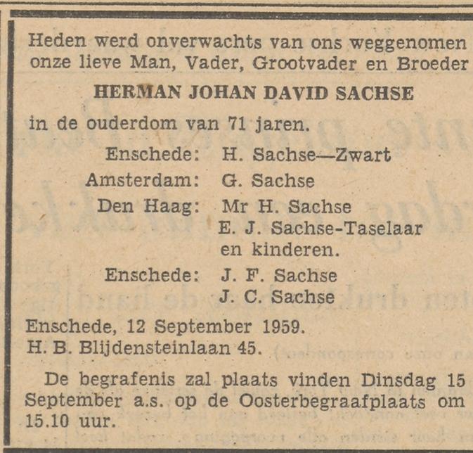 H..B. Blijdensteinlaan 45 H.J.D. Sachse overlijdensadvertentie Tubantia 14-9-1959.jpg