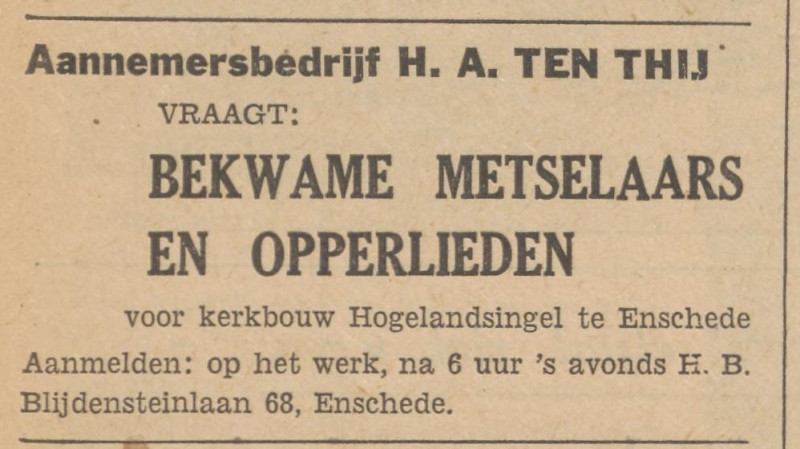 H.B. Blijdensteinlaan 68 Aannemersbedrijf H.A. ten Thij advertentie Tubantia 8-10-1953.jpg
