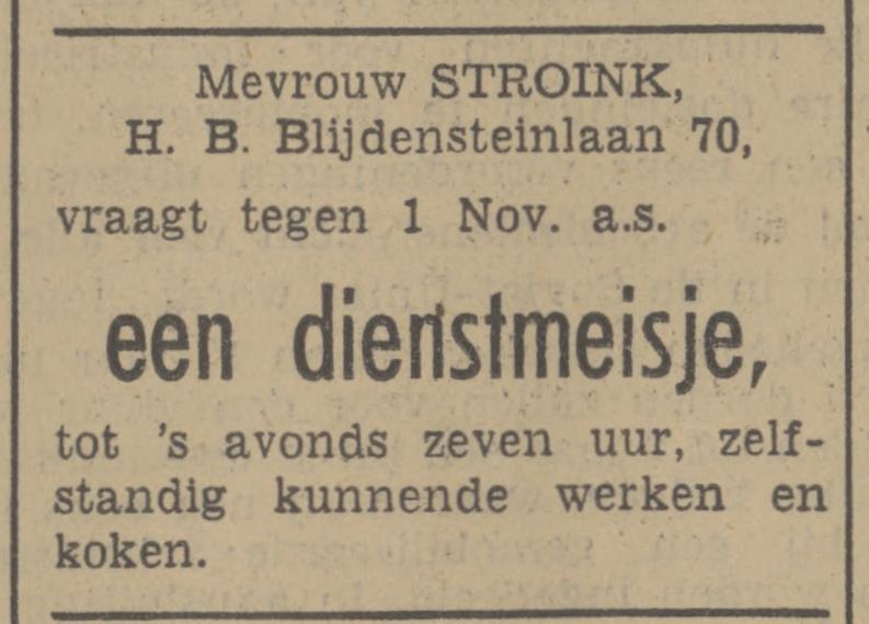 H.B. Blijdensteinlaan 70 Mevr. Stroink advertentie Tubantia 4-10-1940.jpg