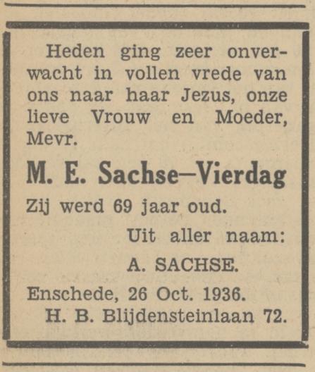 H.B. Blijdensteinlaan 72 M.E. Sachse-Vierdag overlijdensadvertentie Tubantia 27-10-1936.jpg
