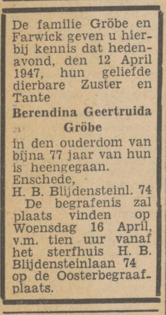 H.B. Blijdensteinlaan 74 B.G. Gröbe overlijdensadvertentie Tubantia 14-4-1947.jpg