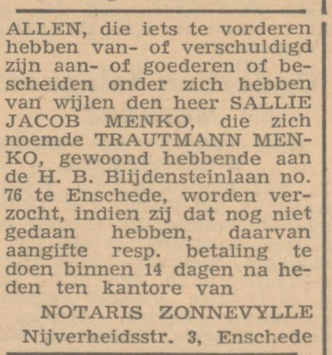H.B. Blijdensteinlaan 76 S.J. Menko advertentie Twentsche courant 9-7-1945.jpg