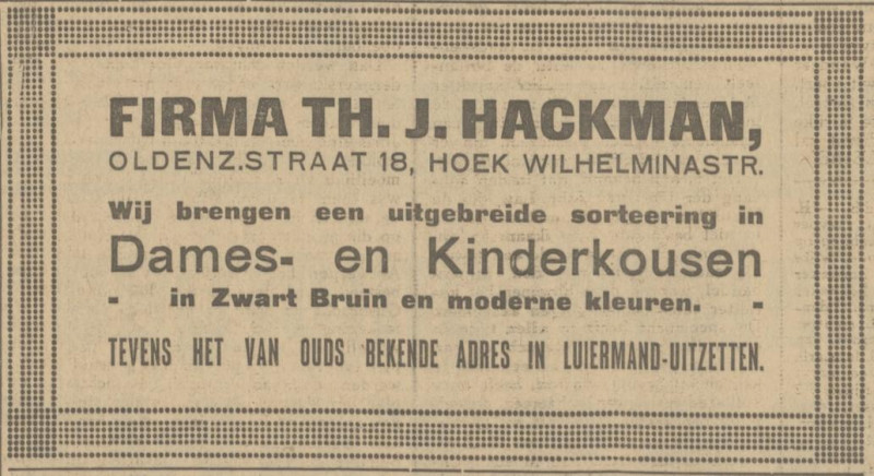 Oldenzaalsestraat 18 hoek Wilhelminastraat Fa. Th.J. Hackman advertentie Tubantia 13-8-1926.jpg