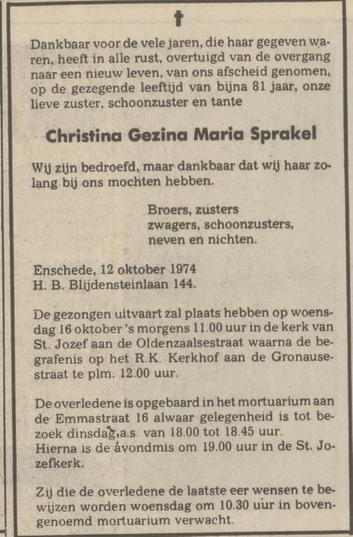 H.B. Blijdensteinlaan 144 C.G.M. Sprakel overlijdensadvertentie Tubantia 14-10-1974.jpg