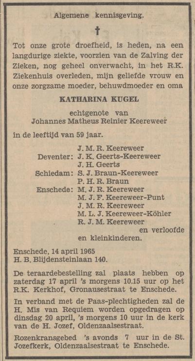 H.B. Blijdensteinlaan 140 K. Keereweer-Kugel overlijdensadvertentie Tubantia 15-4-1965.jpg