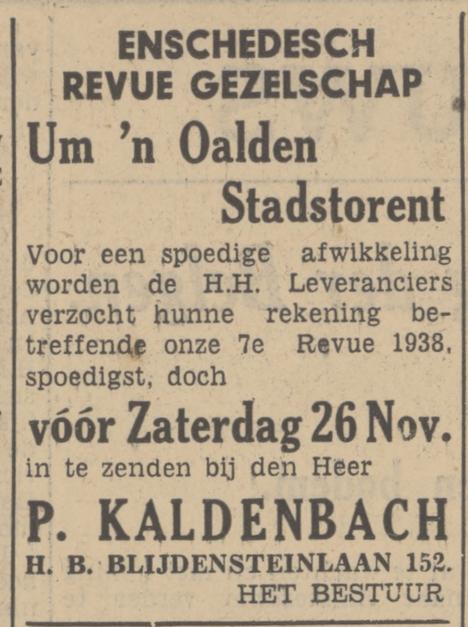 H.B. Blijdensteinlaan 152 P. Kaldenbach advertentie Tubantia 21-11-1938.jpg