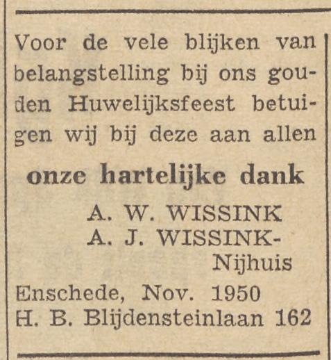 H.B. Blijdensteinlaan 162 A.W. Wissink advertentie Twentsche courant 20-11-1950.jpg