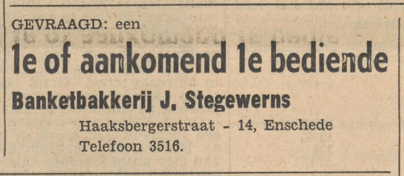 Haaksbergerstraat 14 Banketbakkerij J. Stegewerns advertentie Tubantia 15-10-1956.jpg