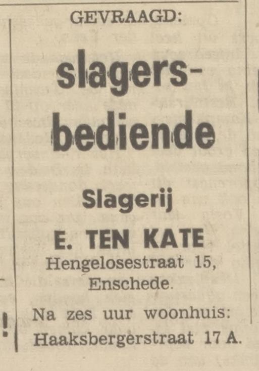 Haaksbergerstraat 17a woonhuis slager E. ten Kate advertentie Tubantia 19-3-1968.jpg
