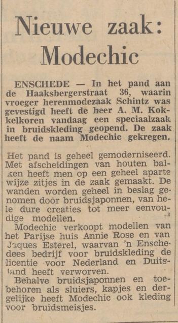 Haaksbergerstraat 36 A.M. Kokkelkoren bruidskleding Modechic voorheen herenkleding Schintz krantenbericht Tubantia 24-11-1956.jpg
