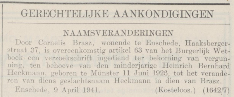 Haaksbergerstraat 37 Cornelis Brasz krantenbericht Nederlandsche staatscournat 16-4-1941.jpg
