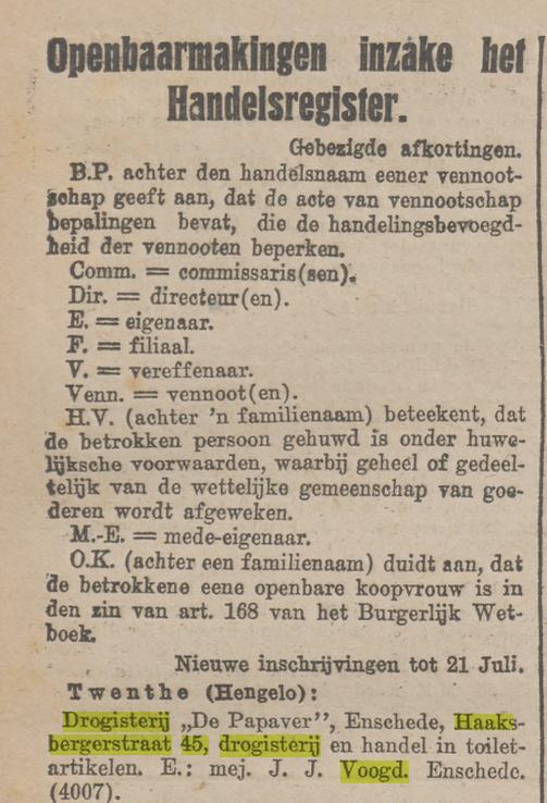 Haaksbergerstraat 45 drogisterij De Papaver Mej. J.J. Voogd krantenbericht Overijsselsch dagblad 29-7-1924.jpg