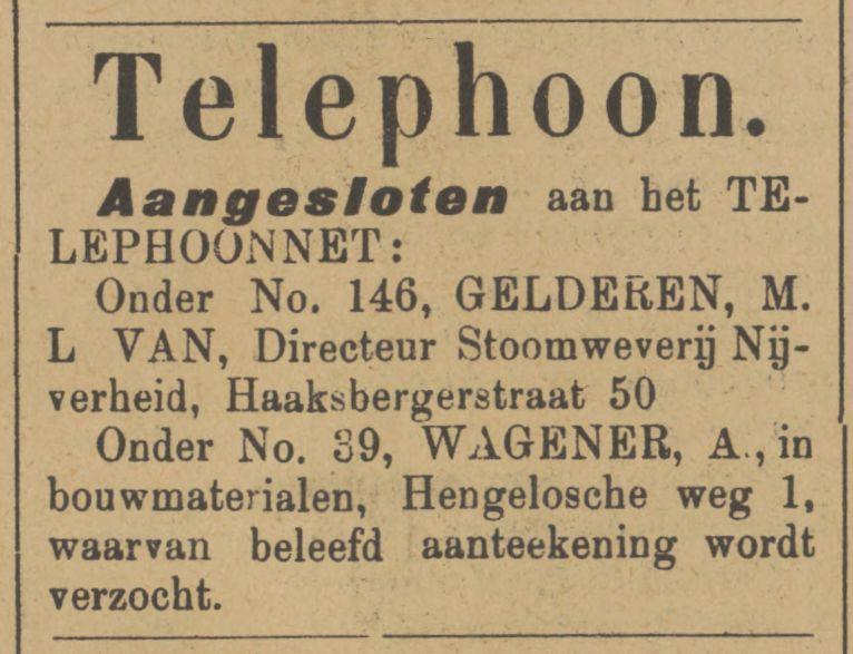 Haaksbergerstraat 50 M.L. van Gelderen Stoomweverij Nijverheid advertentie Tubantia 13-12-1902.jpg