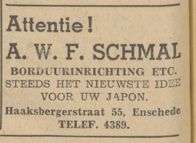 Haaksbergerstraat 55 borduurinrichting A.W.F. Schmal advertentie Tubantia 6-4-1940.jpg