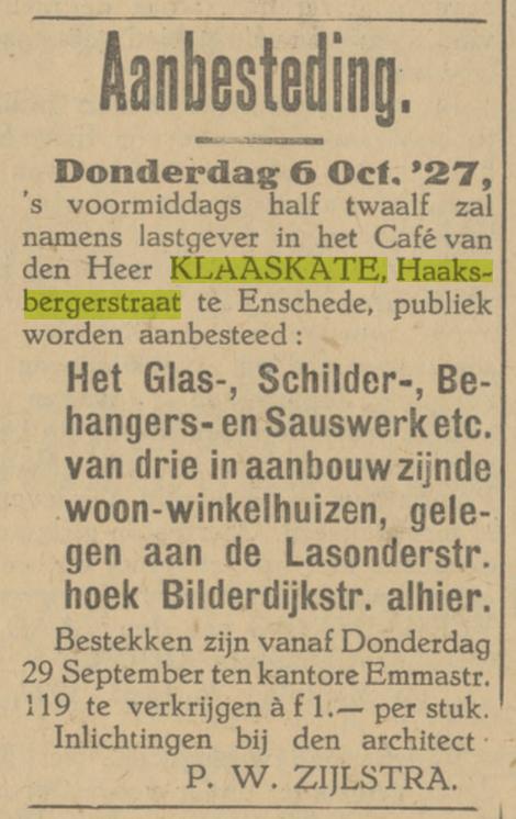 Haaksbergerstraat 63 cafe Klaaskate advertentie Tubantia 27-9-1927.jpg