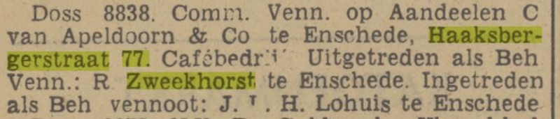 Haaksbergerstraat 77 cafebedrijf R. Zweekhorst krantenbericht Tubantia 21-7-1940.jpg