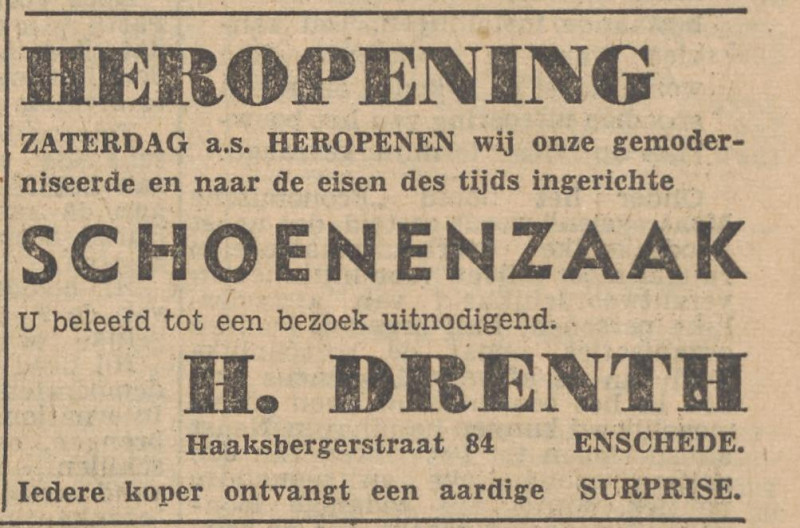 Haaksbergerstraat 84 schoenenzaak H. Drenth advertentie Tubantia 26-9-1952.jpg