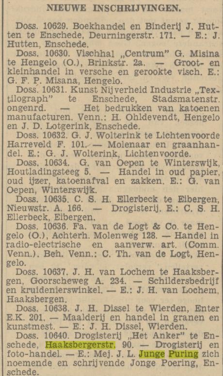 Haaksbergerstraat 90 drogisterij Het Ankel Me. J.L. Junge Puring krantenberict Tubantia 24-10-1936.jpg