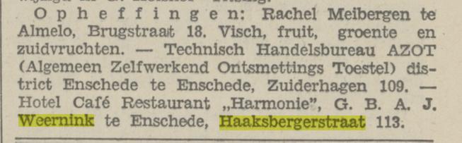 Haaksbergerstraat 113 opheffing cafe restaurant Harmonie G.B.A.J Weernink krantenbericht Tubantia 23-7-1931.jpg