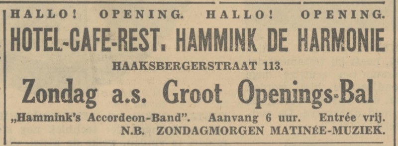 Haaksbergerstraat 113 opening cafe restaurant Hammink De Harmonie advertentie Tubantia 6-9-1935.jpg
