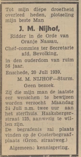 Haaksbergerstraat 125 J.M. Nijhof overlijdensadvertentie Tubantia 20-7-1939.jpg