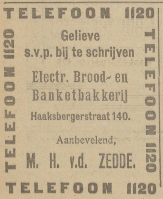 Haaksbergerstraat 140 Brood- en Banketbakkerij M.H. van der Zedde advertentie Tubantia 4-12-1924.jpg