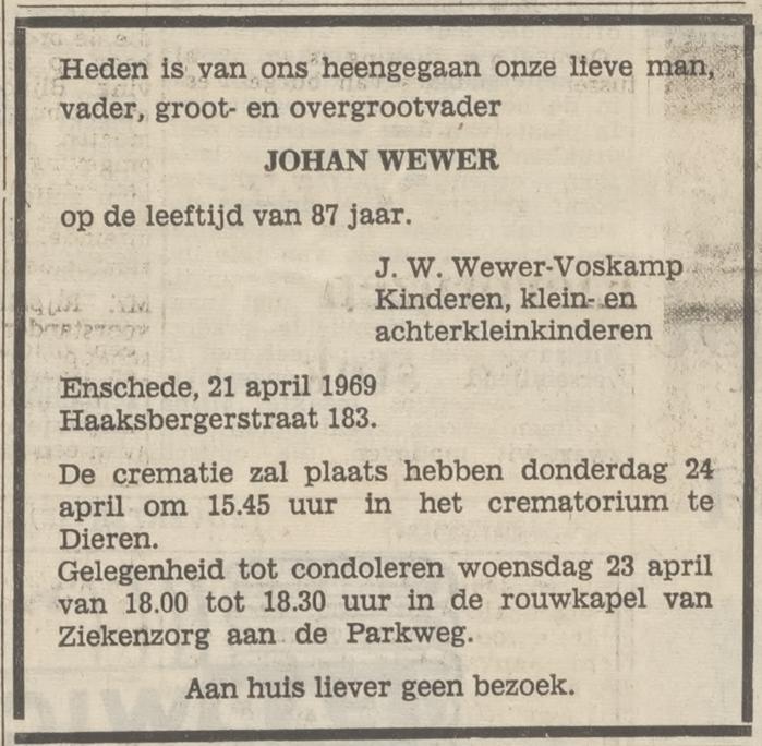 Haaksbergerstraat 183 Johan Wewer overlijdensadvertentie Tubantia 22-4-1969.jpg