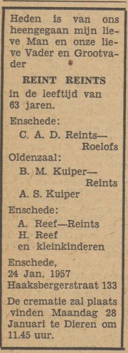 Haaksbergerstraat 133 R. Reints overlijdensadvertentie Tubantia 28-1-1957.jpg