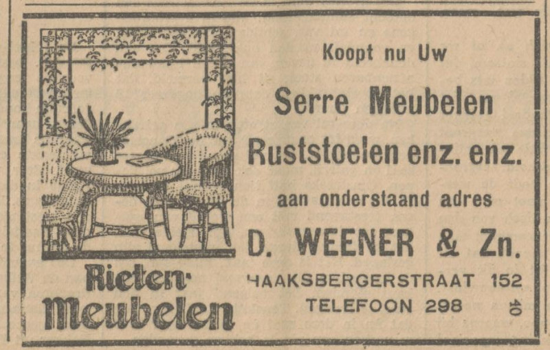 Haaksbergerstraat 152 meubelwinkel D. Weener en Zn advertentie Tubantia 2-5-1930.jpg