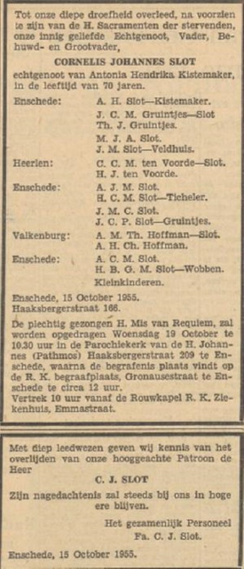 Haaksbergerstraat 166 C.J. Slot overlijdensadvertentie Tubantia 17-10-1955.jpg