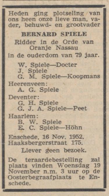 Haaksbergerstraat 175 Bernard Spiele overlijdensadvertentie Deventer dagblad 18-11-1952.jpg