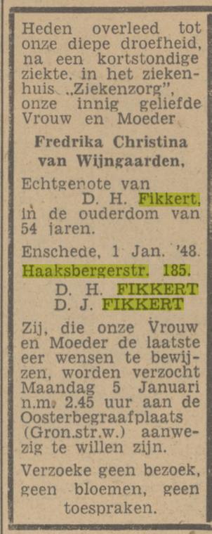 Haaksbergerstraat 185 F.C. Fikkert-van Wijngaarden overlijdensadvertentie Tubantia 3-1-1948.jpg