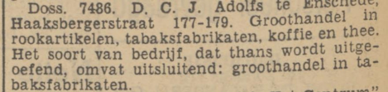 Haaksbergerstraat 177 D.C.J Adolfs groothandel tabaksartikelen krantenbericht Tubantia 9-3-1940.jpg