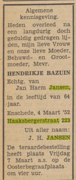 Haaksbergerstraat 223 H. Jansen-Bazuin overlijdensadvertentie Tubantia 5-3-1952.jpg