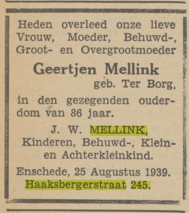 Haaksbergerstraat 245 G. Mellink-ter Borg overlijdensadvertentie Tubantia 26-8-1939.jpg