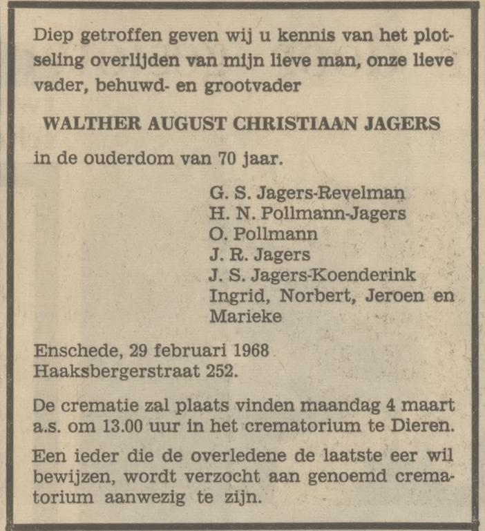 Haaksbergerstraat 252 W.A.Ch. Jagers overlijdensadvertentie Tubantia 1-3-1968.jpg