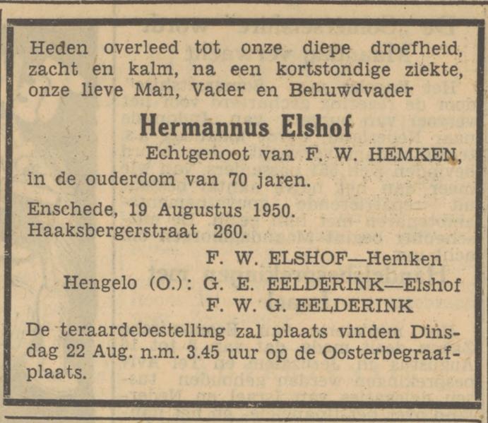 Haaksbergerstraat 260 Hermannus Elshof overlijdensadvertentie Tubantia 19-8-1950.jpg