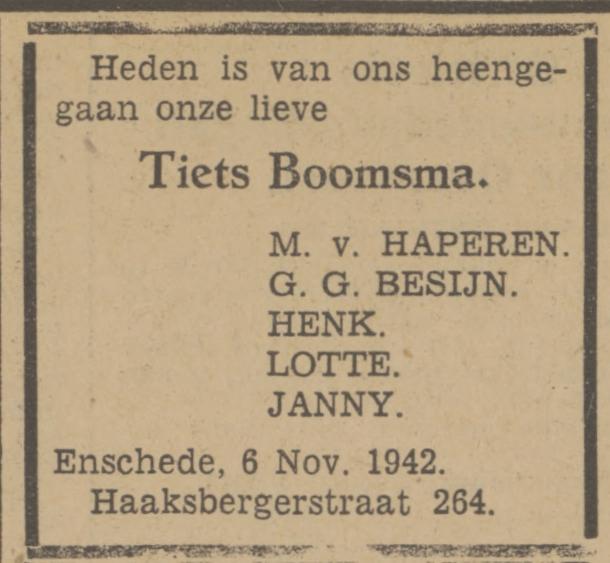 Haaksbergerstraat 264 Tiets Boomsma overlijdensadvertentie Tubantia 6-11-1942.jpg