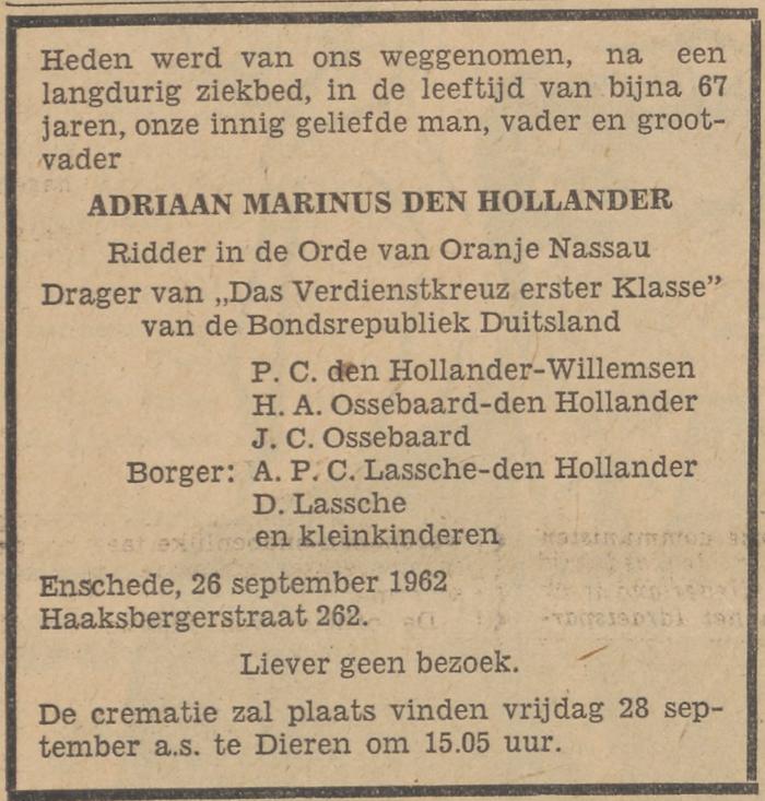 Haaksbergerstraat 262 A.M. den Hollander overlijdensadvertentie Tubantia 27-9-1962.jpg