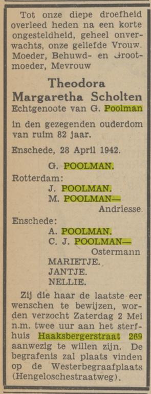 Haaksbergerstraat 269 T.M. Poolman-Scholten overlijdensadvertentie Tubantia 29-4-1942.jpg