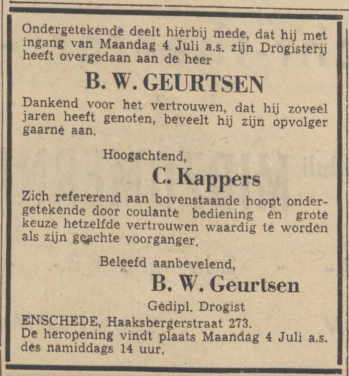 Haaksbergerstraat 273 Drogisterij Pathmos C. Kappers advertentie Tubantia 2-7-1965.jpg