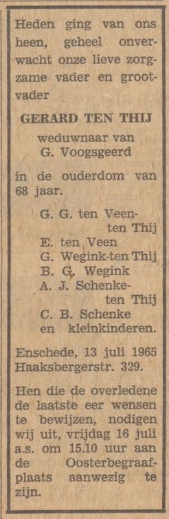 Haaksbergerstraat 329 (vroeger 285) Gerard ten Thij overlijdensadvertentie Tubantia 14-7-1965.jpg