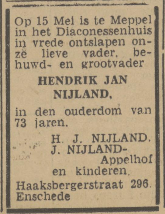 Haaksbergerstraat 296 H.J. Nijland overlijdensadvertentie Twentsch nieuwsblad 17-5-1943.jpg