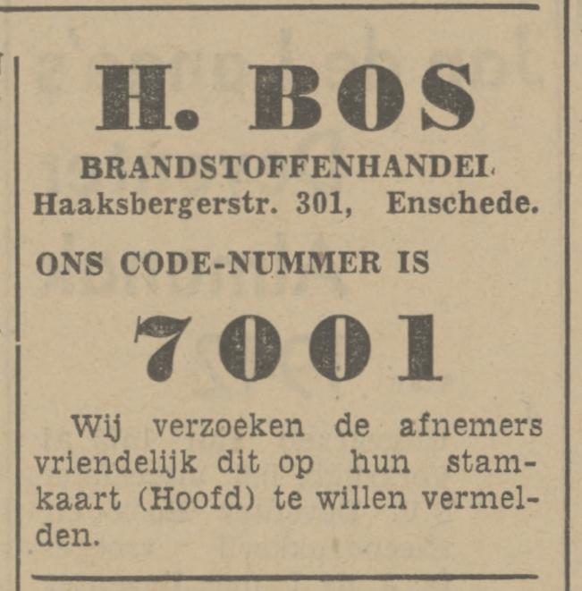 Haaksbergerstraat 301 branstoffenhandel H. Bos advertentie Tubantia 6-11-1941.jpg