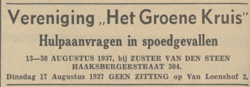 Haaksbergerstraat 304 zuster van den Steen Vereniging Het Groene Kruis advertentie Tubantia 11-8-1937.jpg