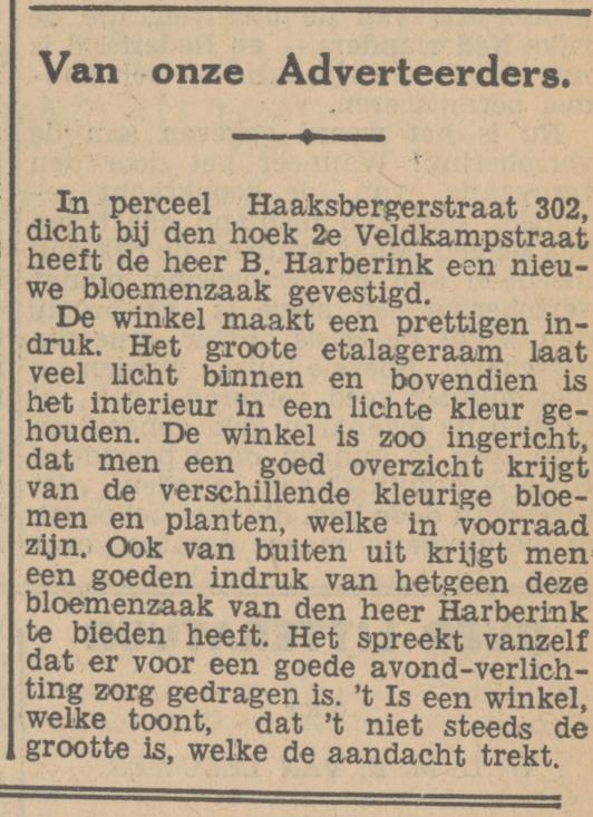 Haaksbergerstraat 302 hoek 2e Veldkampstraat bloemenzaak B. Harberink krantenbericht Tubantia 8-9-1934.jpg