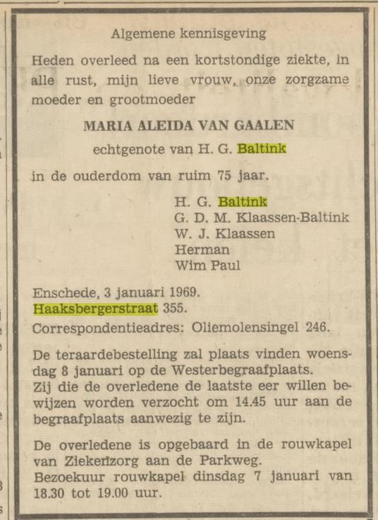 Haaksbergerstraat 355 M.A. van Gaalen-Baltink overlijdensadvertentie Tubantia 6-1-1969.jpg