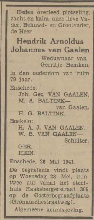 Haaksbergerstraat 309 H.A.J. van Gaalen overlijdensadvertentie Tubantia 26-5-1941.jpg