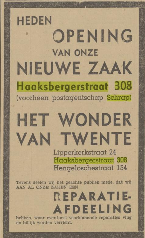 Haaksbergerstraat 308 Postagentschap Schrap nu Het Wonder van Twente advertentie Tubantia 14-8-1940.jpg